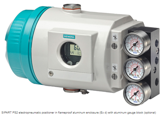 SIPART PS2 electropneumatic positioner in flameproof aluminum enclosure (Ex d) with aluminum gauge block (optional)