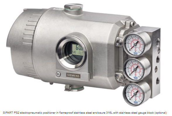 SIPART PS2 electropneumatic positioner in flameproof stainless steel enclosure 316L with stainless steel gauge block (optional)