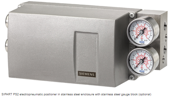 SIPART PS2 electropneumatic positioner in stainless steel enclosure with stainless steel gauge block (optional)